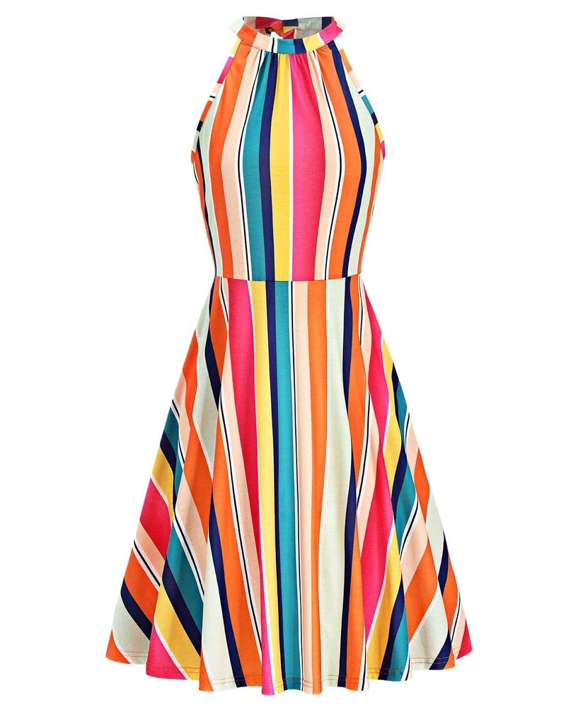 OUGES Summer Dresses for Women Off Shoulder Floral Halter Neck Casual Sundress(Floral-20,S) - Image 4